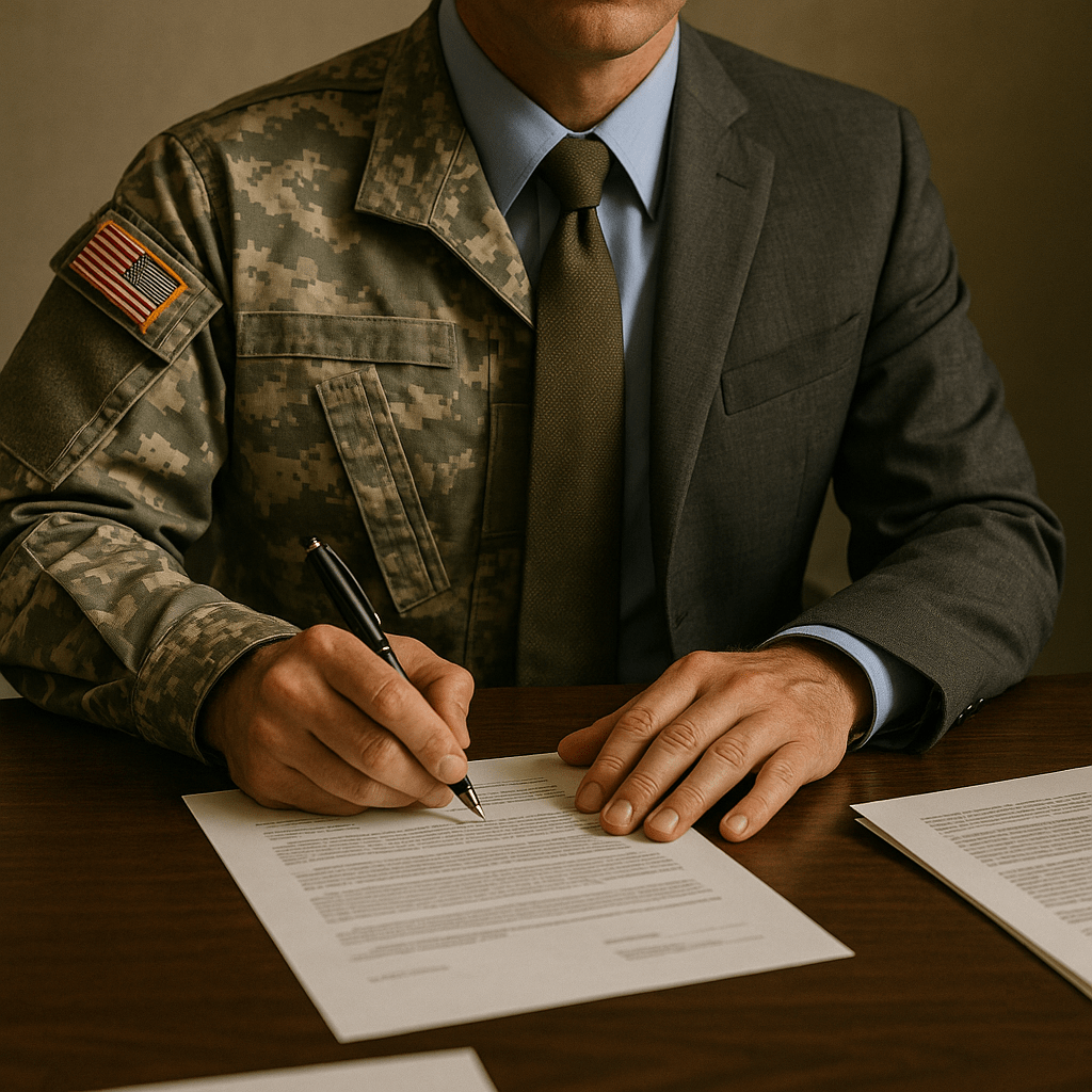 A business professional in a suit stands with a laptop showing growth metrics, an Air Force emblem, and LinkedIn logo in the background, with a notepad and pen on a table.