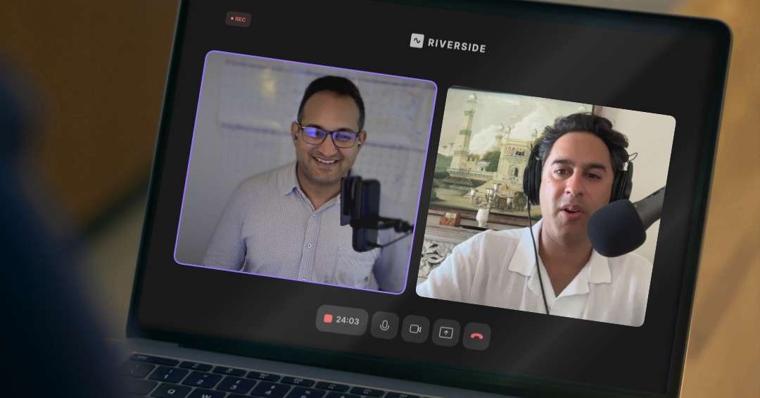 Two professionals recording a podcast remotely on Riverside, shown on a laptop screen.
