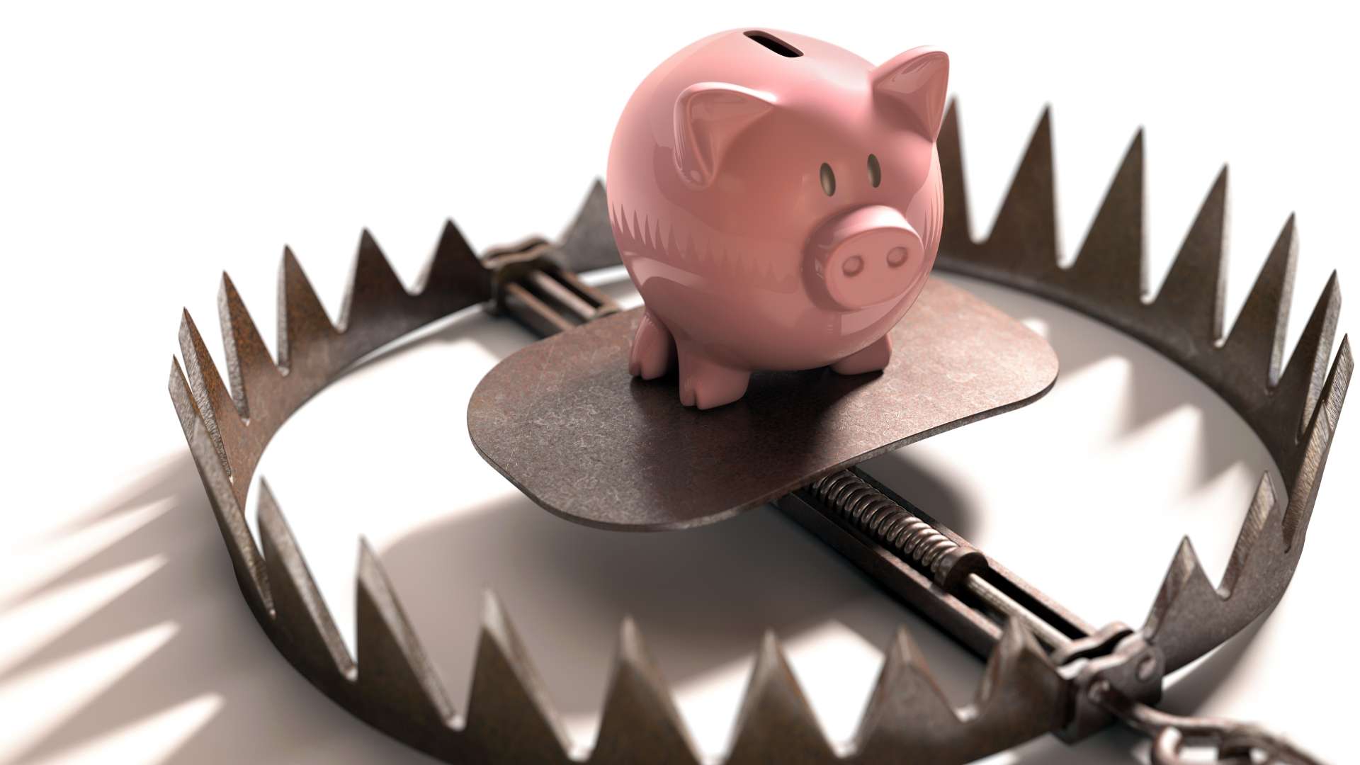 Pink piggy bank sitting in a bear trap symbolizing compliance traps for businesses.