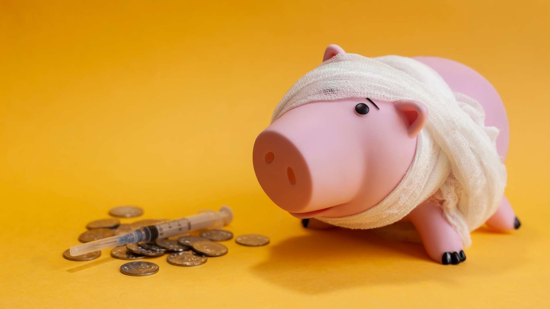 Injured piggy bank with coins and syringe, symbolizing financial loss from poor intellectual property management.