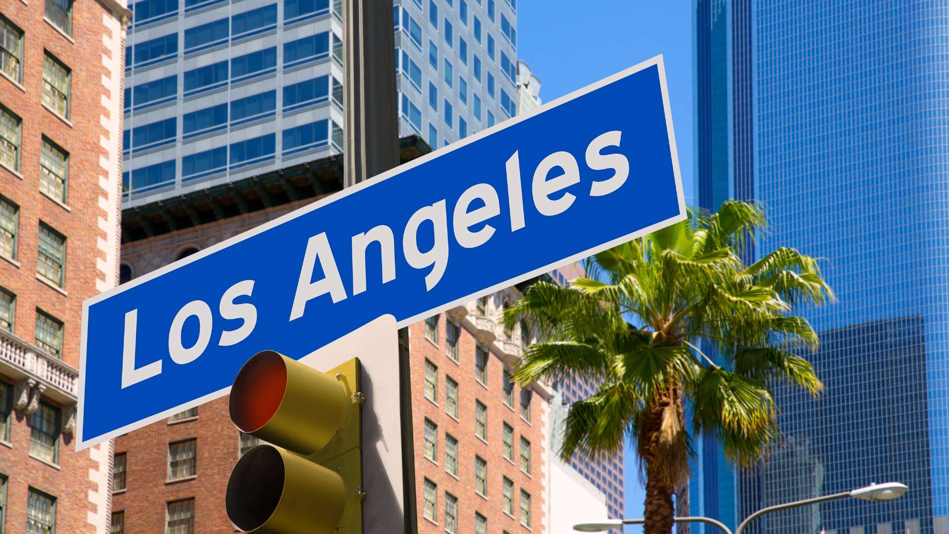 Los Angeles street sign in downtown with historic brick buildings, modern skyscrapers, palm trees, and a traffic light