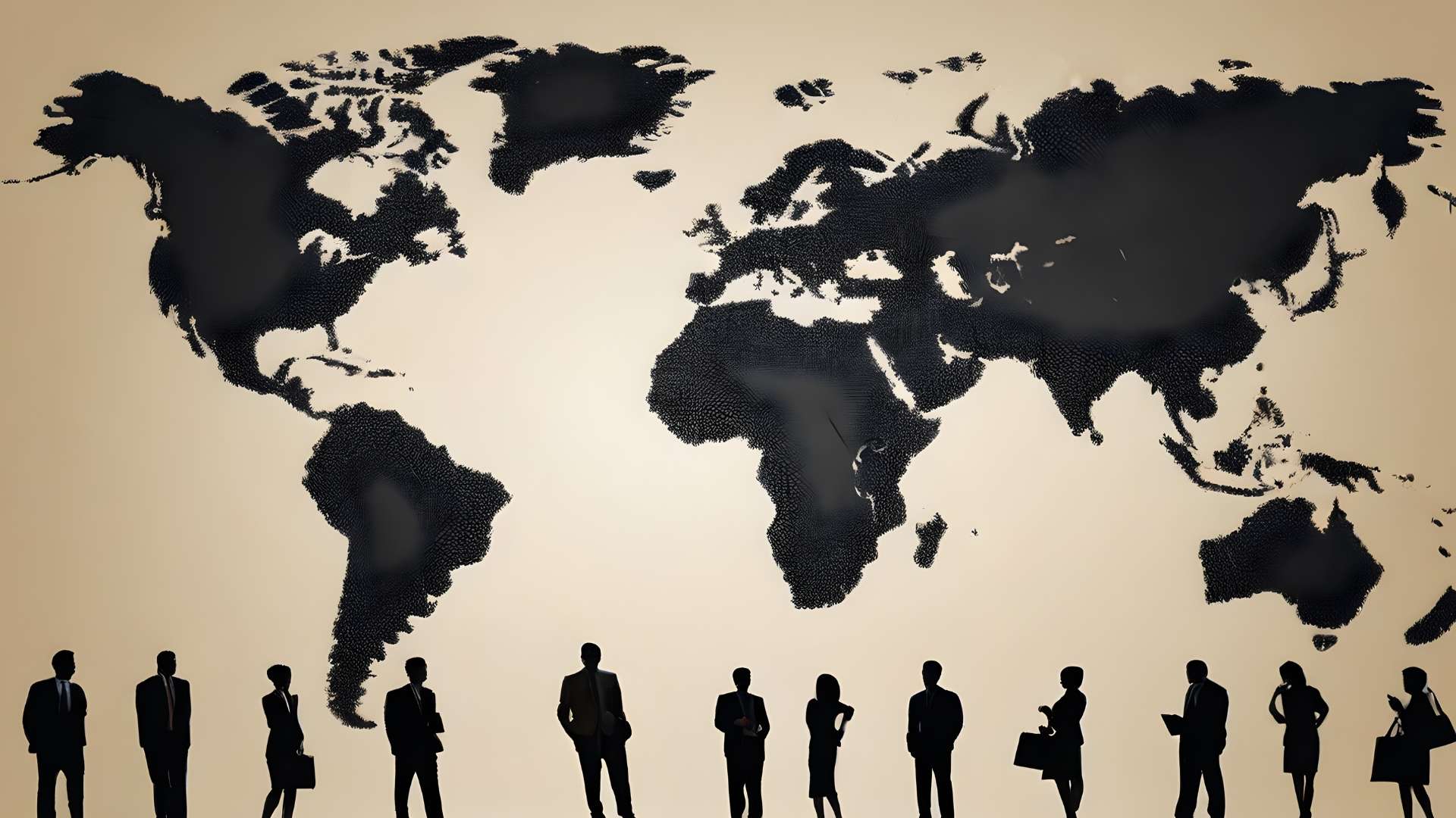 Silhouettes of international business professionals standing in front of a world map, symbolizing global trade, legal agreements, and cross-border transactions.