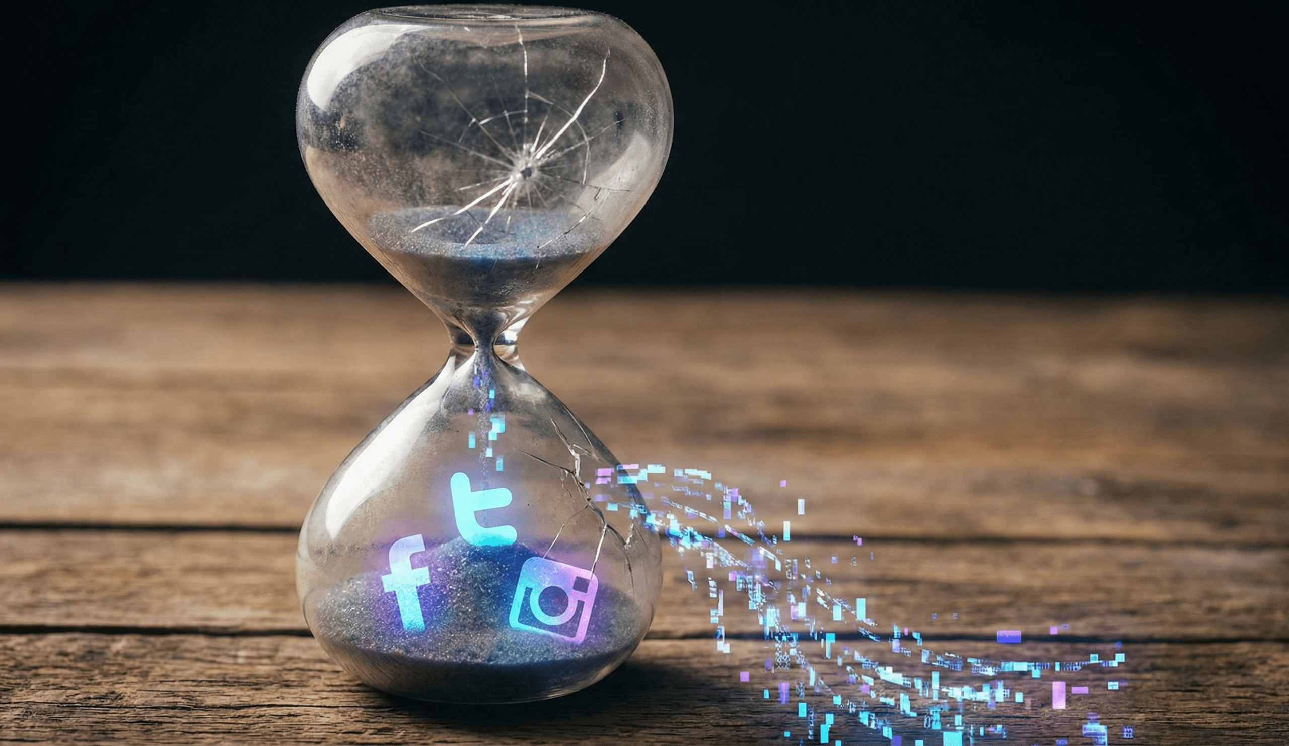 A conceptual image of a cracked hourglass on a wooden table. Sand falling through the center includes digital social media icons for Facebook and Instagram, while data streams flow out of a side crack toward a modern mobile interface.