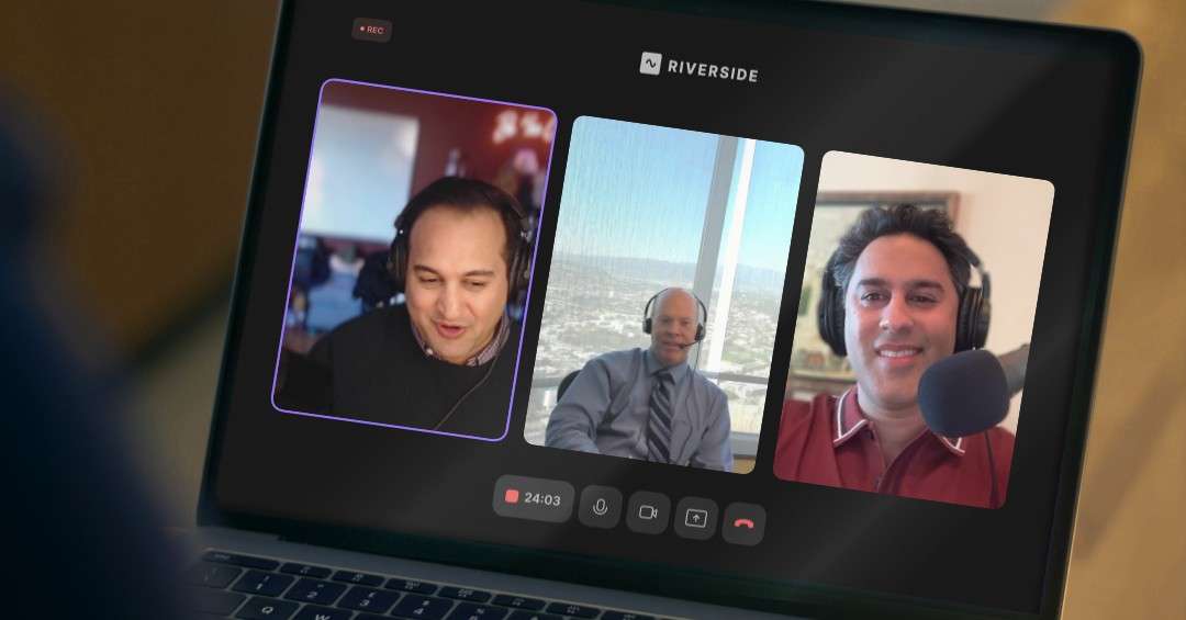 A split-screen Riverside podcast recording featuring Attorney Pankaj Raval on the left, business valuation expert Stephen Bethel in the center, and Attorney Sahil Chaudry on the right.