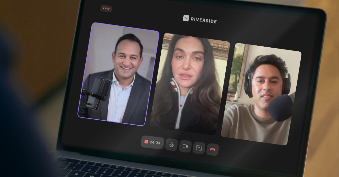 A three-way video conference on a laptop screen featuring Pankaj Raval, Nadia Davari, and Sahil Chaudry discussing AI and entertainment law.