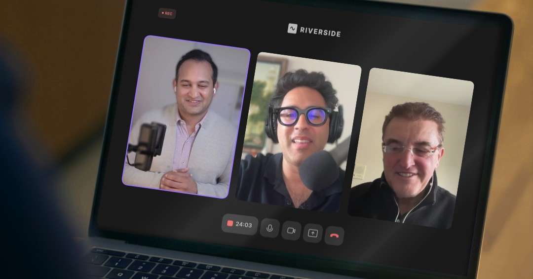 Three men participating in a virtual panel discussion on the Riverside video platform. The screen shows a "REC" indicator and call controls, featuring Pankaj Raval, Enrico Parodi, and Sahil Chaudry discussing founder-led sales strategies.