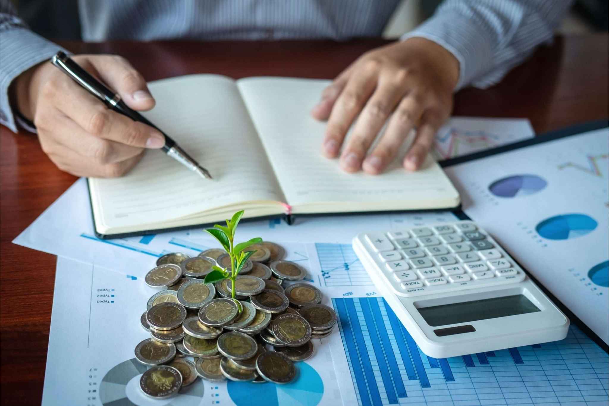A plant sprouting from a stack of coins on financial charts next to a person taking notes, representing startup wealth growth and QSBS tax planning.