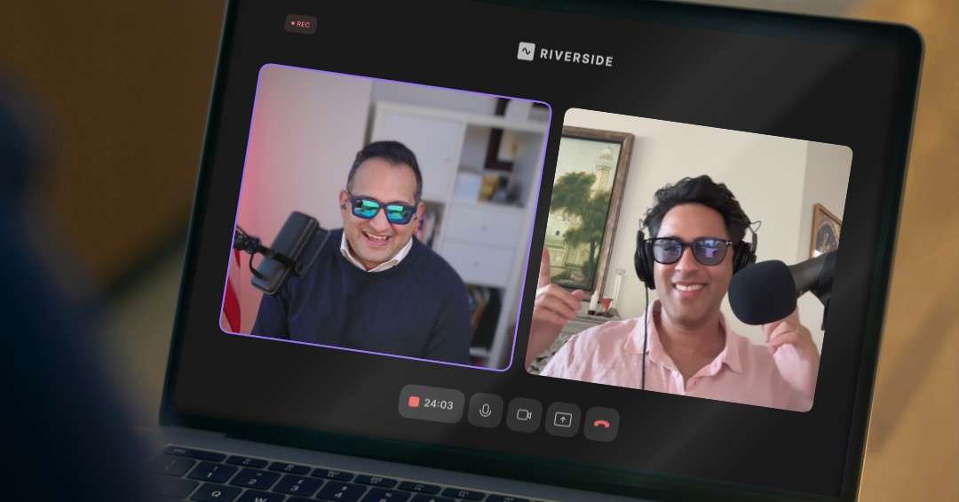 Pankaj Raval and Sahil Chaudhary recording the Letters of Intent podcast on Riverside, discussing Bad Bunny's Super Bowl halftime show IP strategy for Los Angeles small business owners