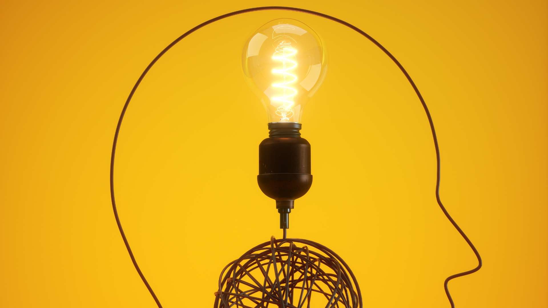 Glowing Edison light bulb mounted on a wire globe inside a human head silhouette on a yellow background, representing intellectual property protection and trademark strategy for Amazon sellers in Los Angeles