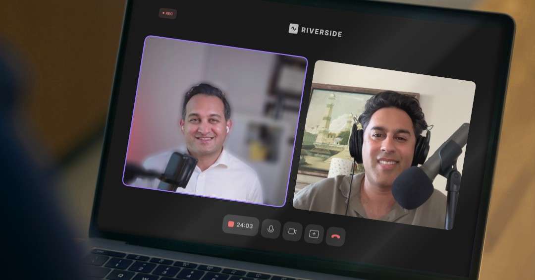 A laptop screen displaying corporate attorneys Pankaj Raval and Sahil Chaudry recording a virtual podcast episode about due diligence when buying a small business.