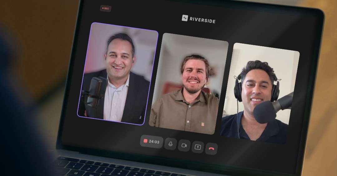 Pankaj Raval, Alvaro de la Cruz, and Sahil Chaudhary recording Episode 53 of the Letters of Intent podcast on Riverside, discussing AI personalization for movie theaters, the Showlytics platform, and entrepreneurial lessons for small business owners in Los Angeles