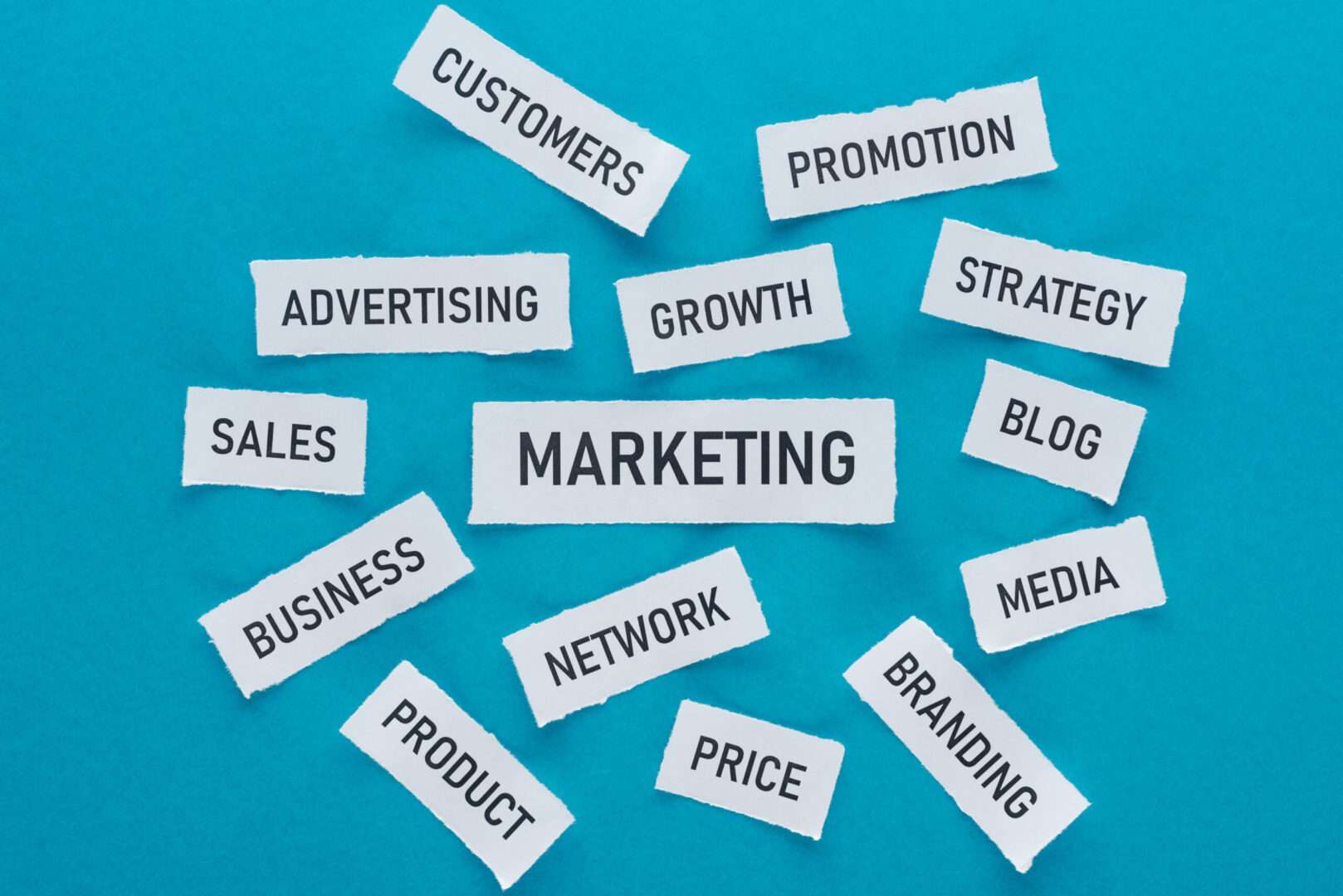 Marketing strategy word collage featuring terms like branding, growth, advertising, and sales on a blue background, representing the brand equity and business strategy lessons from the Michael Jackson biopic launch.