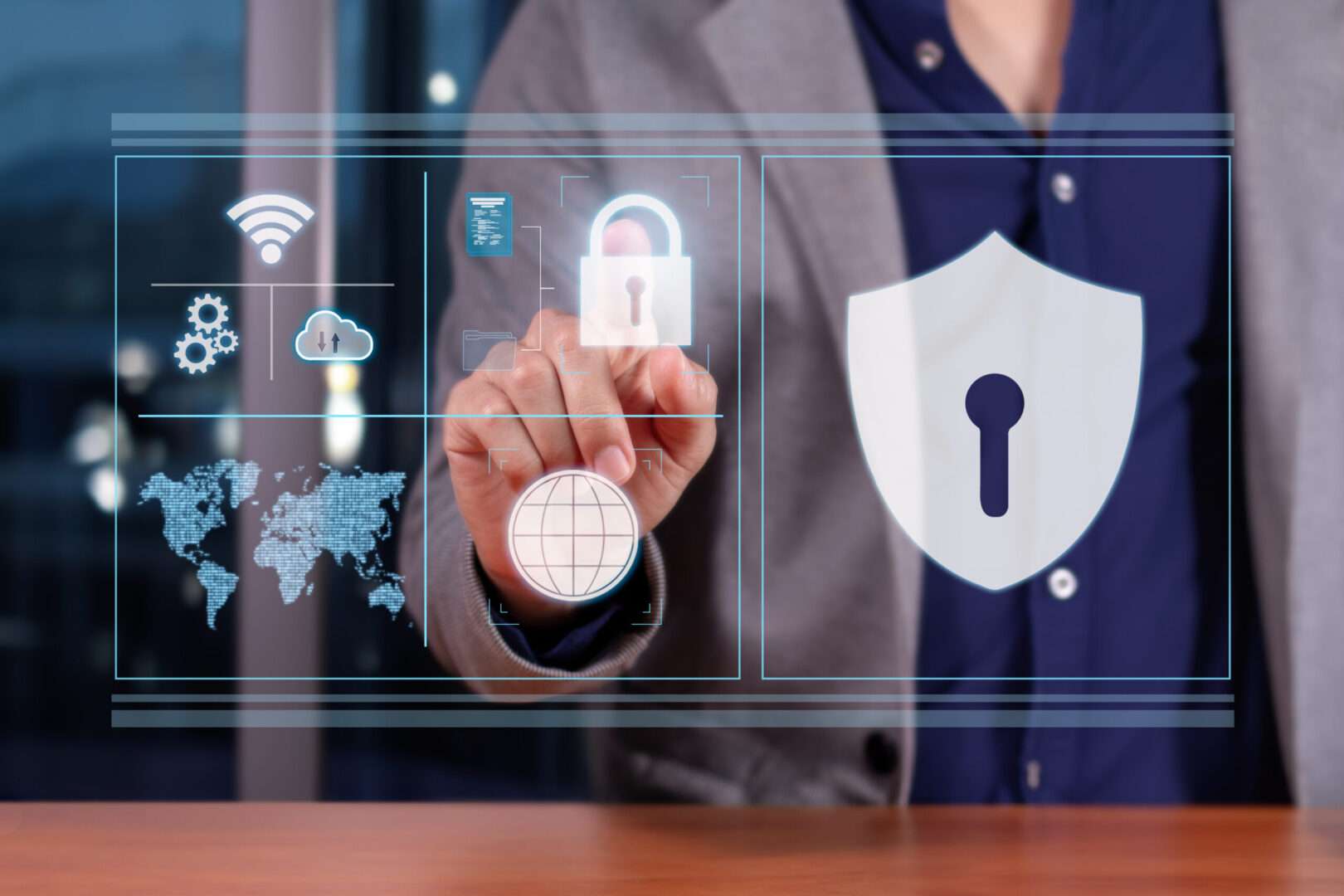 A business professional touching a digital security interface featuring a padlock, shield, globe, cloud, and Wi-Fi icons, representing the intellectual property protection and trademark security that small business owners in Los Angeles need to secure their brand legacy.