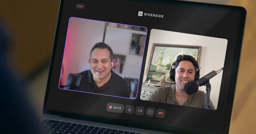 Two podcast hosts smile during a recorded Riverside video session on a laptop screen, representing the Letters of Intent episode breaking down the Taylor Swift, Elon Musk, and CNN headlines and their legal lessons for small businesses.