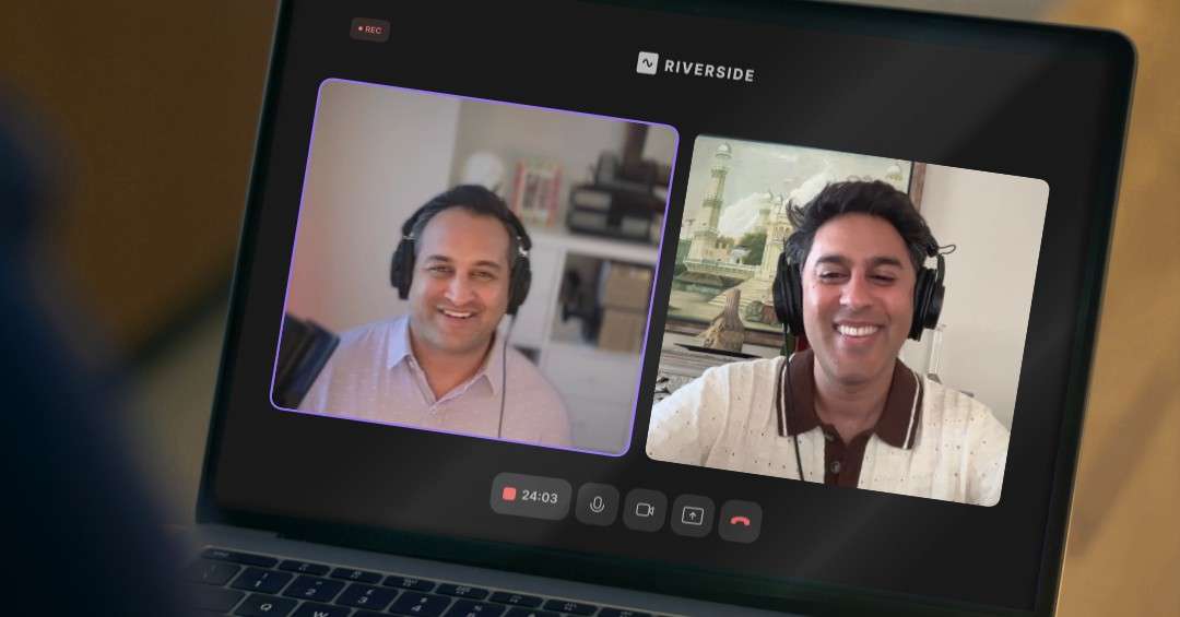 Two podcast hosts wearing headphones smile during a recorded Riverside video session on a laptop screen, representing the Letters of Intent episode breaking down the Fox, Paramount, and Rhoback dealmaking headlines.