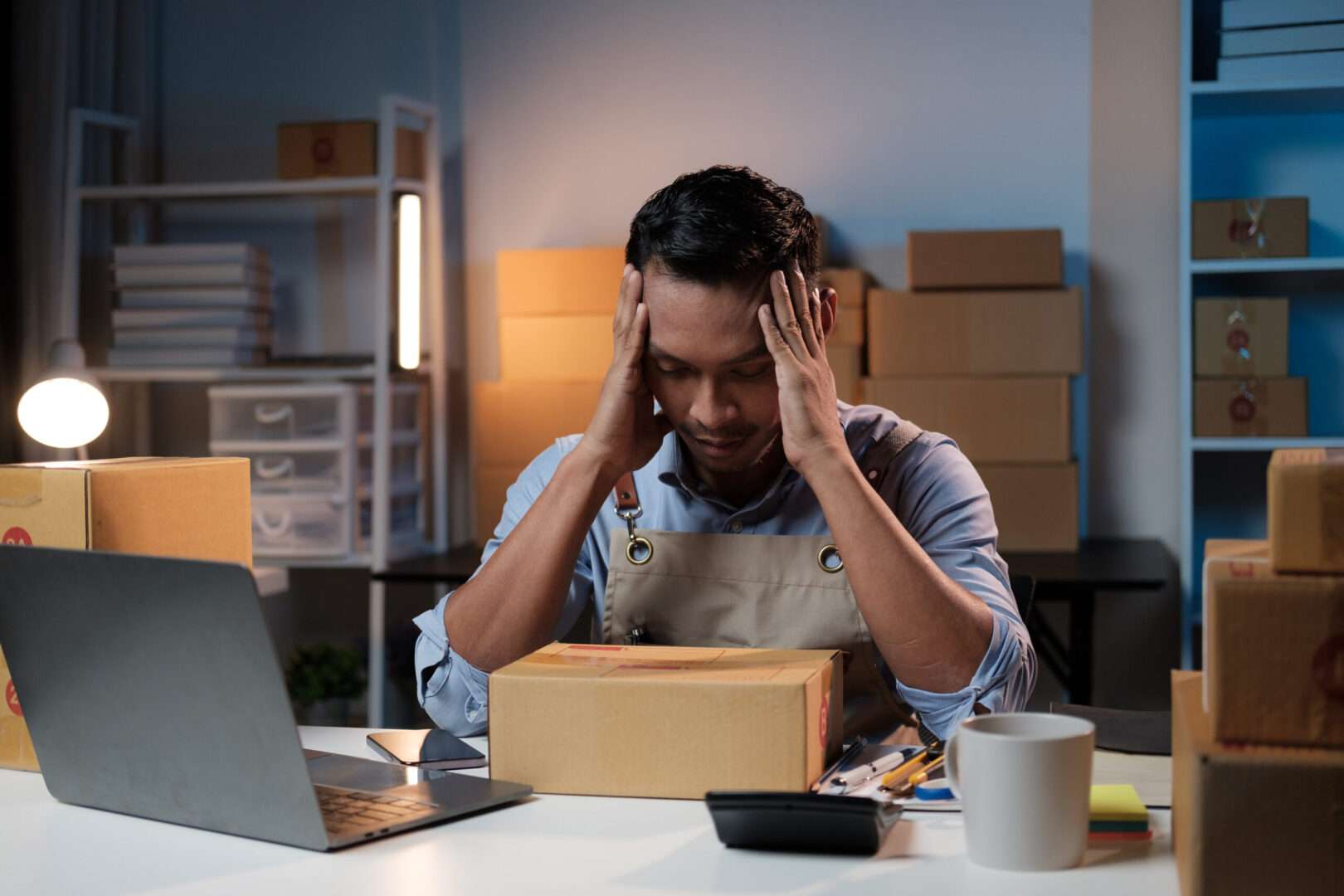 A stressed e-commerce business owner in an apron holds his head while sitting at a desk with a laptop, calculator, and shipping boxes late at night, representing the legal risks online businesses face without proper risk management.
