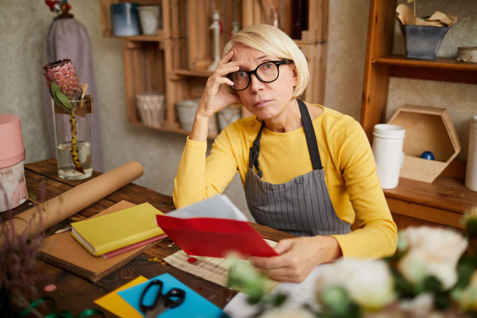 A small business owner in an apron sits at her workshop desk looking concerned while reviewing paperwork, representing the legal challenges that signal when an LA small business needs a general counsel.