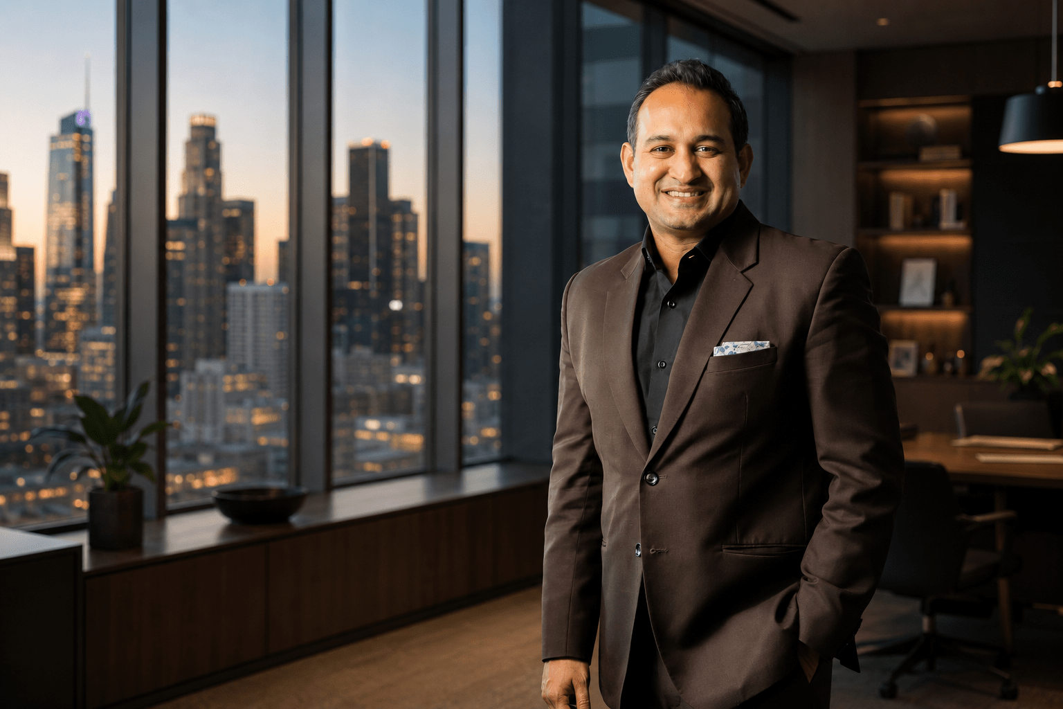 Pankaj Raval, founder of Carbon Law Group, smiles in a tailored brown blazer inside a modern high-rise office overlooking the downtown Los Angeles skyline at dusk.