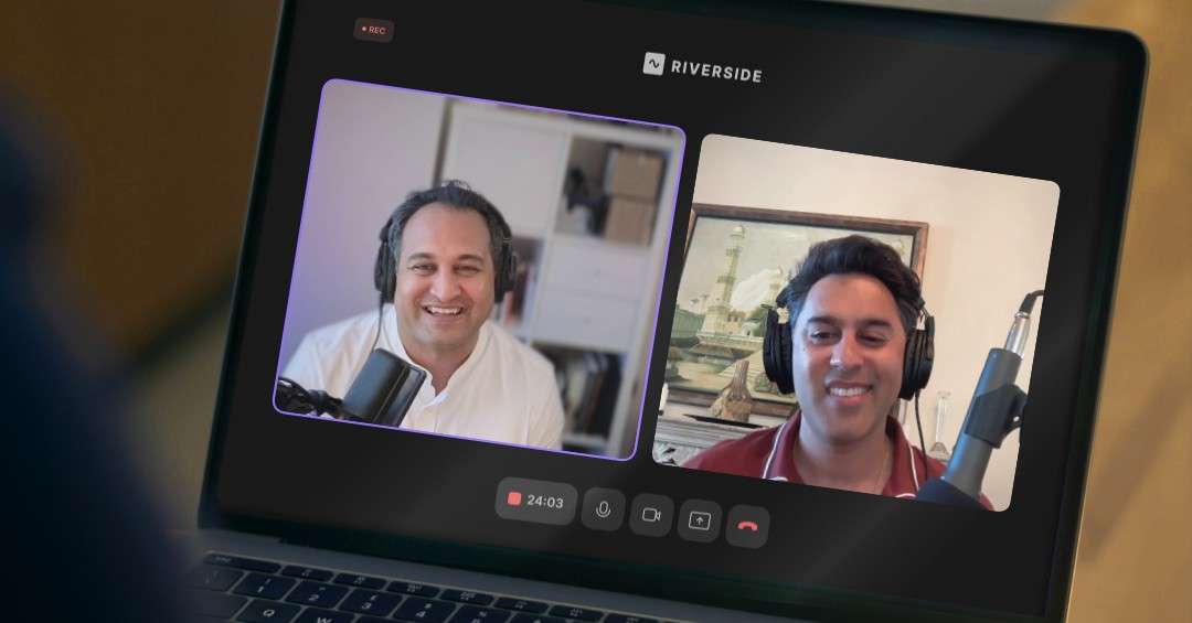 Two podcast hosts smile during a recorded Riverside video session shown on a laptop screen, representing the Letters of Intent episode on FIFA, brand equity, and creative compliance.