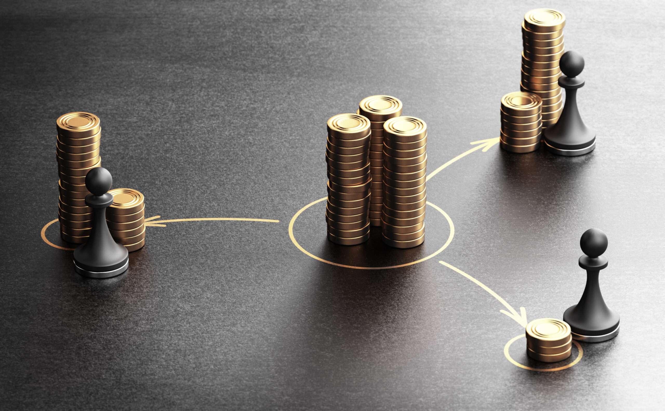 Stacks of gold coins connected by arrows to chess pawns of different sizes on a dark surface, representing the strategic division of founder equity among startup co-founders.