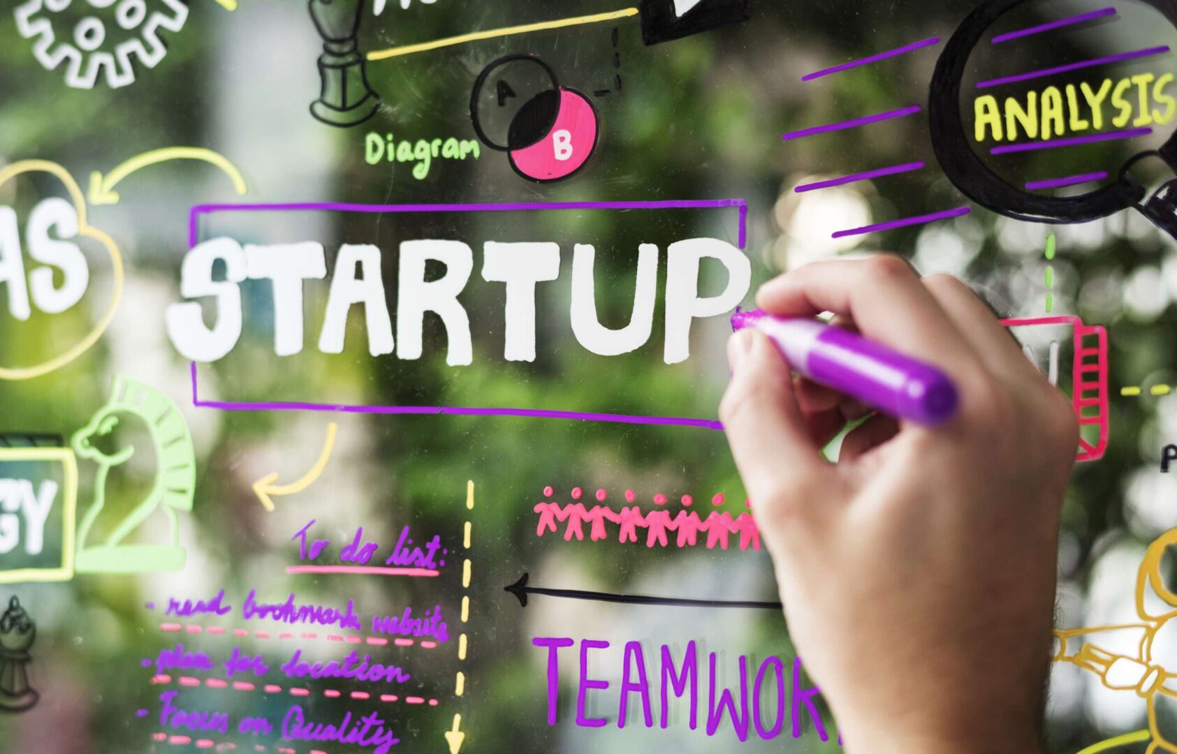 A hand writes "STARTUP" in marker on a glass board covered with colorful business diagrams, to-do lists, and icons, representing the planning behind choosing a startup's legal structure.