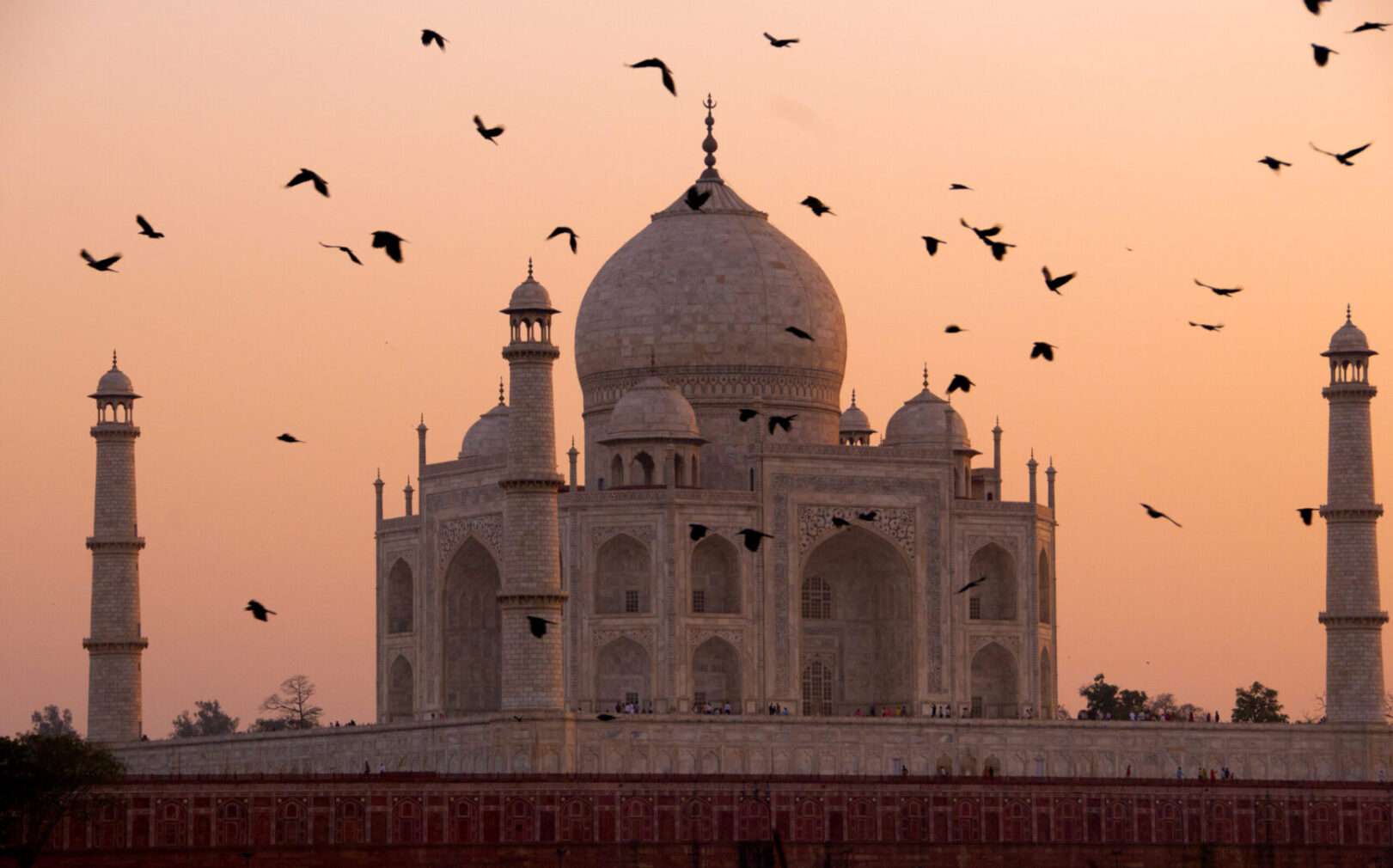 The Taj Mahal glows at sunset in Agra, India, as birds fly across an orange sky, evoking the transformative year in India that shaped attorney Pankaj Raval's approach to law.