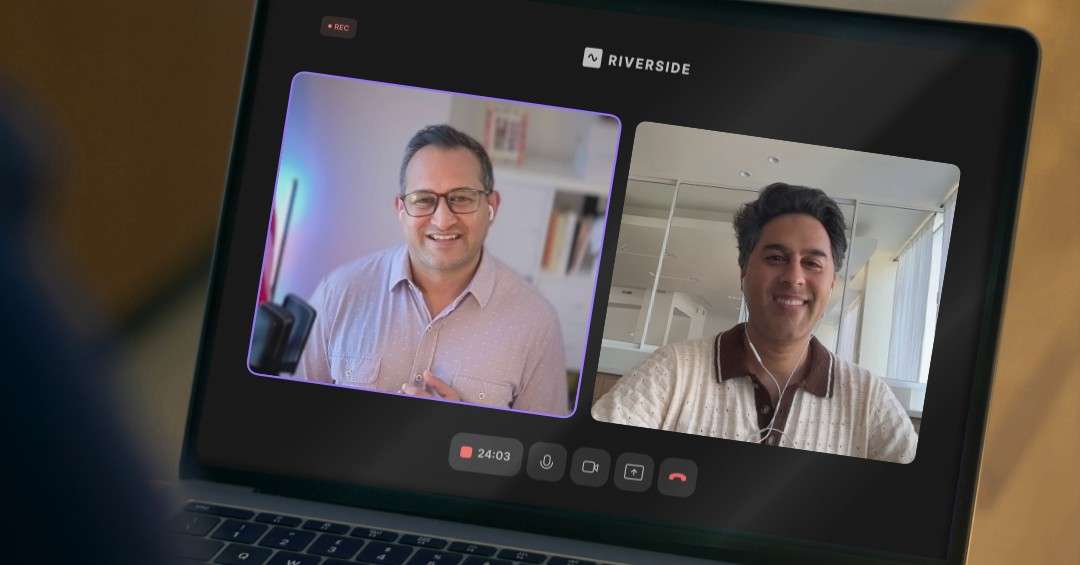 Two podcast hosts smile during a recorded Riverside video session shown on a laptop screen, representing the Letters of Intent episode on blockchain, AI, and copyright law.