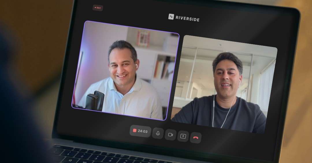 Two podcast hosts smile during a recorded Riverside video session shown on a laptop screen, representing the Letters of Intent episode breaking down eight crucial deal terms in a flawed LOI.