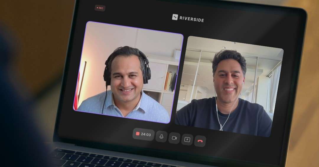 A laptop screen displaying a Riverside virtual recording session with podcast hosts Pankaj Raval and Sahil Chaudry smiling during Episode 70 of Letters of Intent.