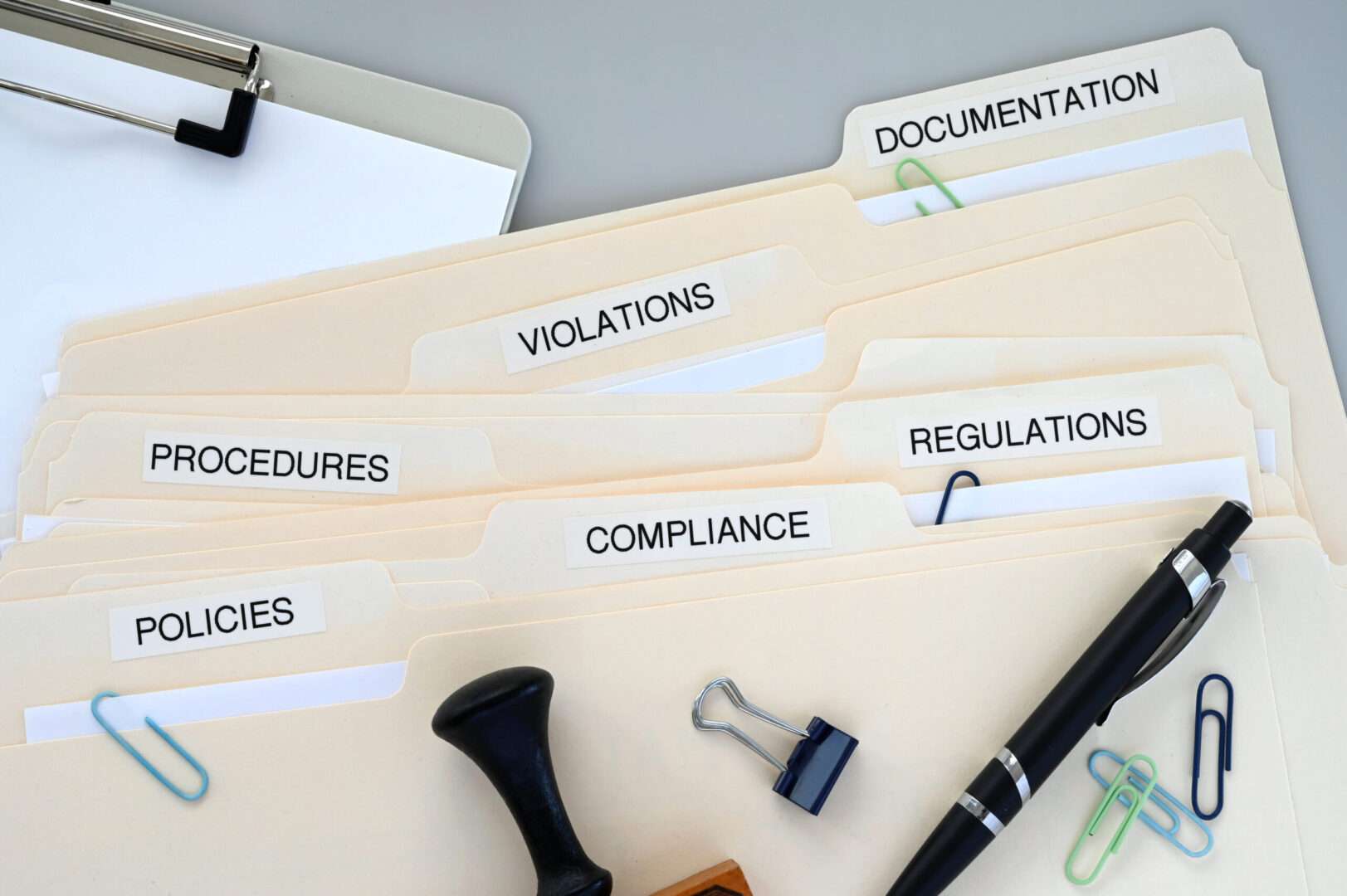 File folders labeled Compliance, Regulations, Policies, Procedures, Violations, and Documentation, representing California business compliance requirements for LA businesses