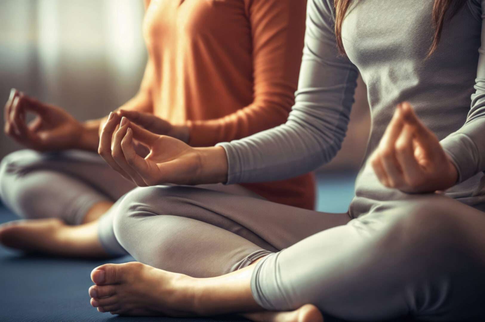 Two people sit cross-legged on yoga mats with hands resting on their knees during an indoor meditation session, representing the simple daily practice that busy founders can start.