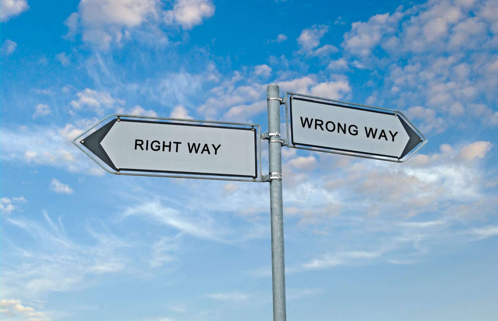 Signpost with arrows reading Right Way and Wrong Way pointing in opposite directions against a blue sky
